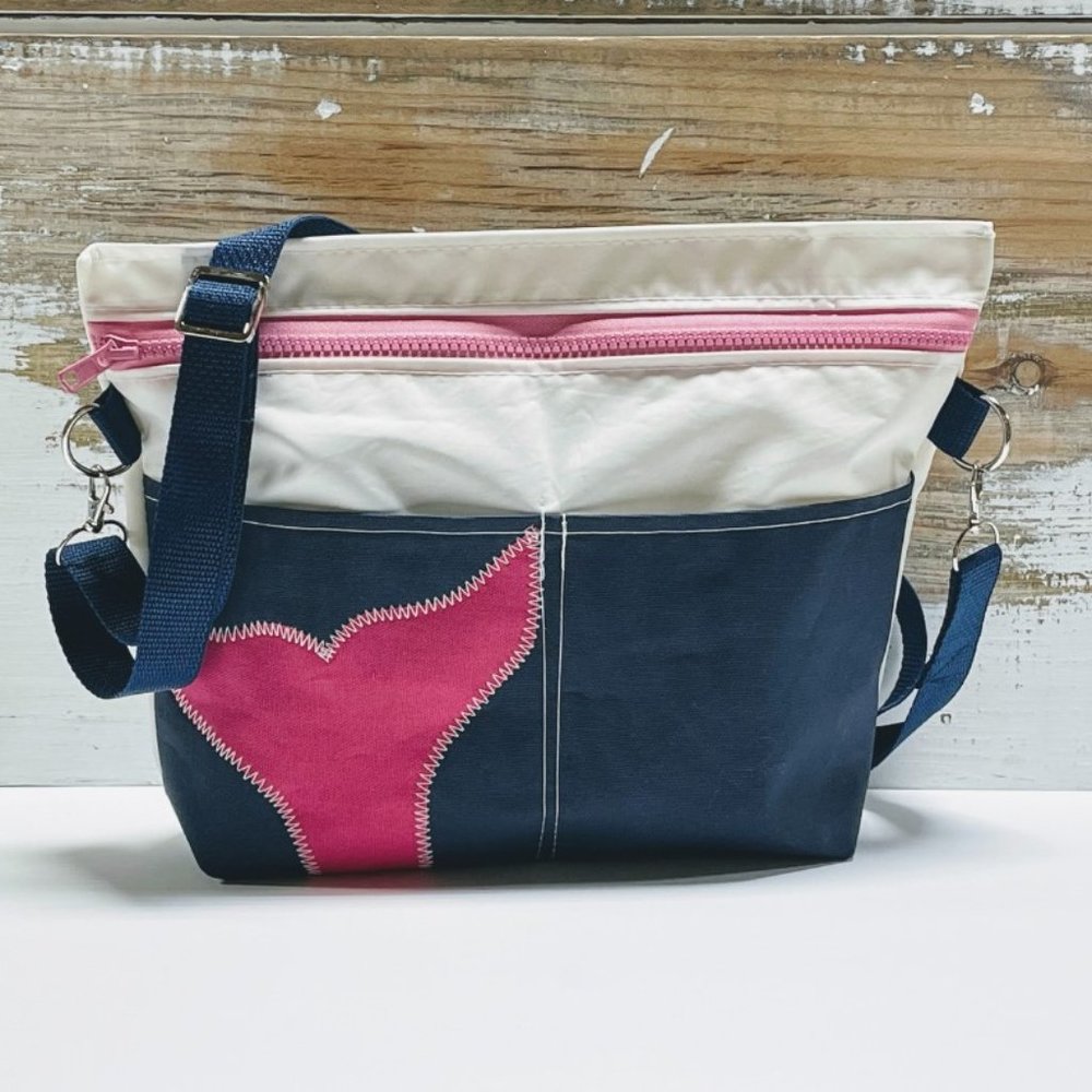 Recycled Sail Cloth Pink Whale Womens Crossbody Bag Handmade